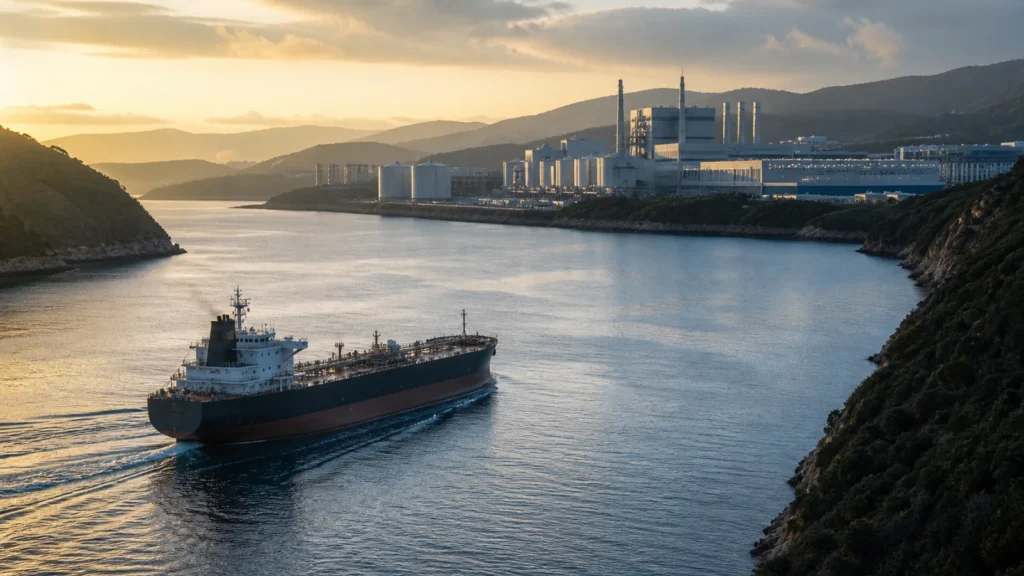 Naftos tanklaivis plaukia siauru sąsiauriu, o pakrantėje matyti lustų ir duomenų centrų infrastruktūra.