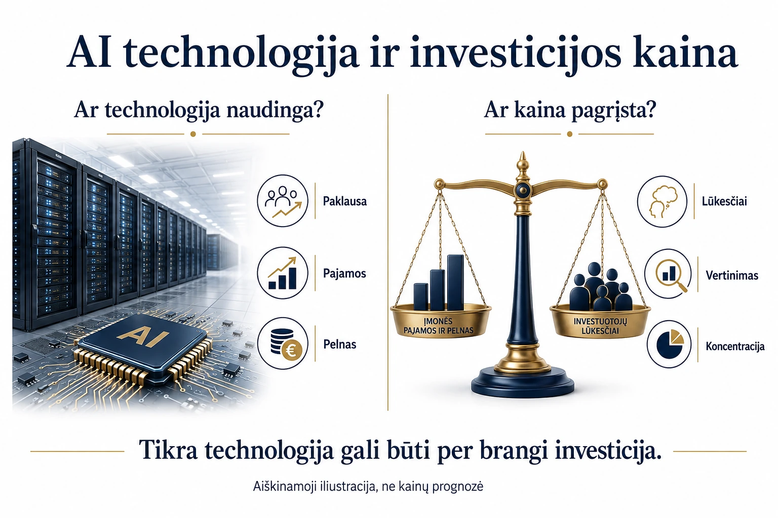 AI technologijos naudos ir už investiciją mokamos kainos palyginimo iliustracija