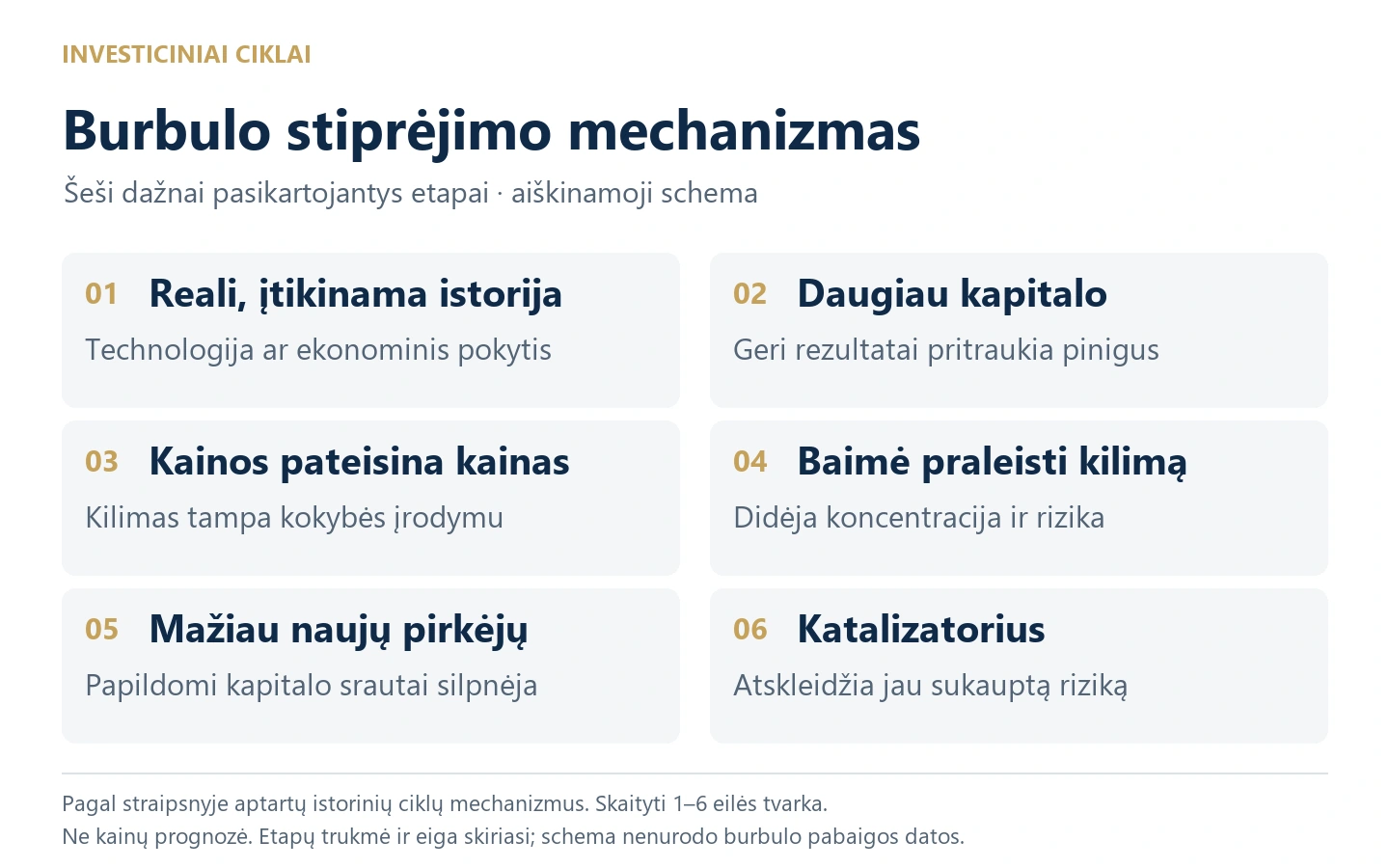 Šeši galimo investicinio burbulo stiprėjimo ir apsisukimo etapai