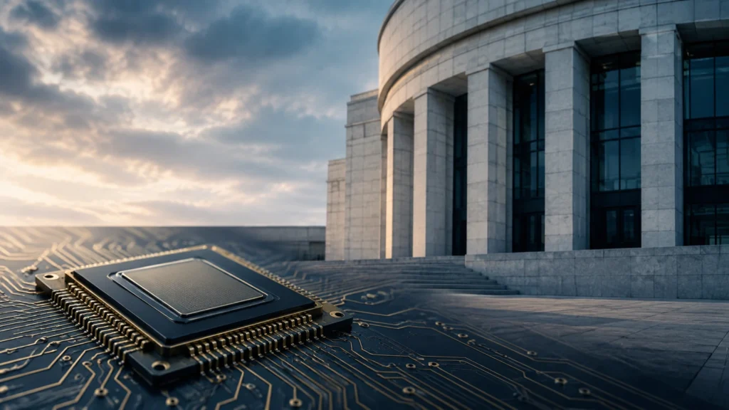 Tamsiai mėlyna mikroprocesoriaus ir banko architektūros kompozicija, jungianti technologijų plėtrą ir palūkanų sprendimus.