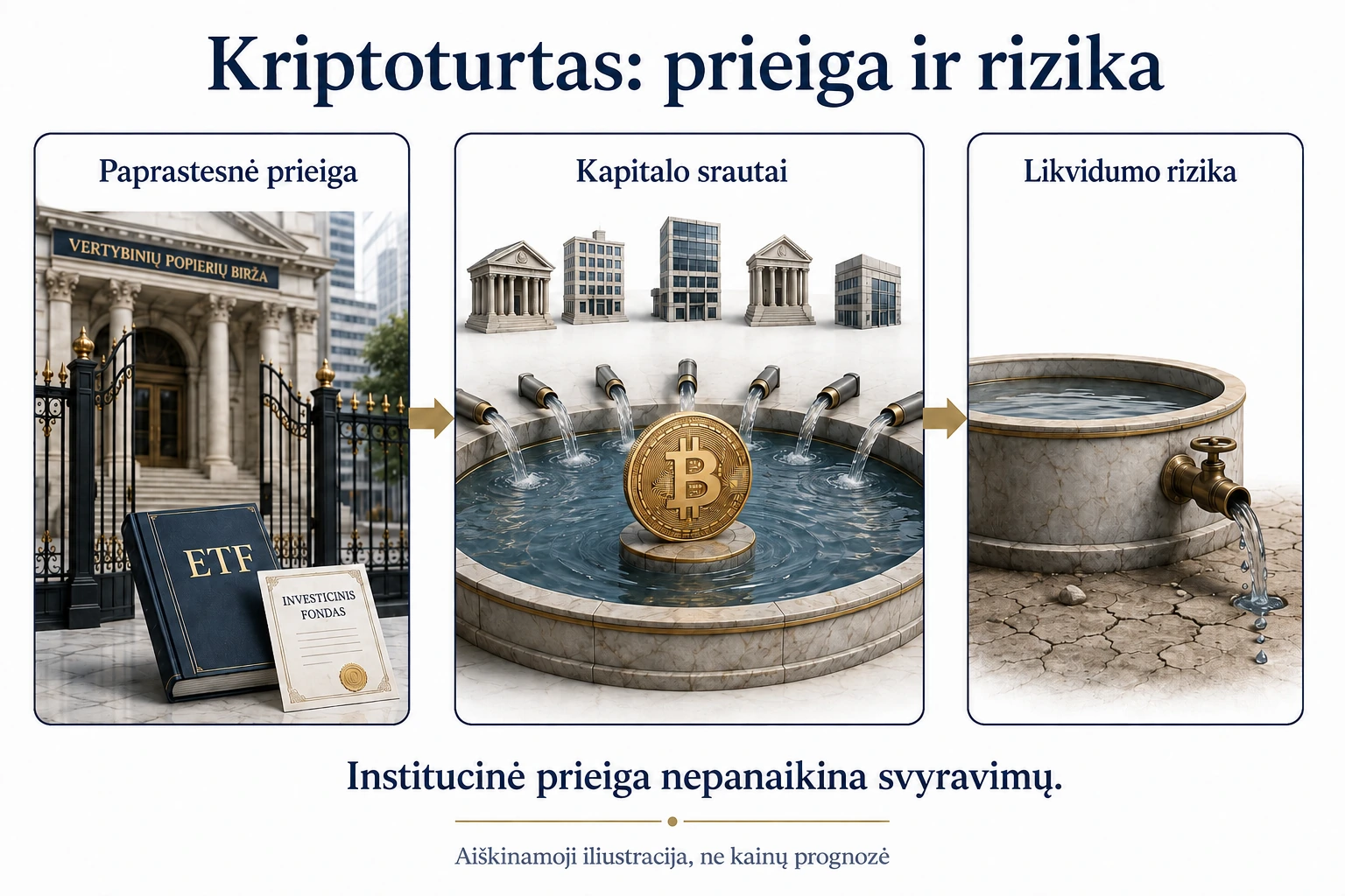 Kriptoturto institucinės prieigos, kapitalo srautų ir likvidumo rizikos iliustracija