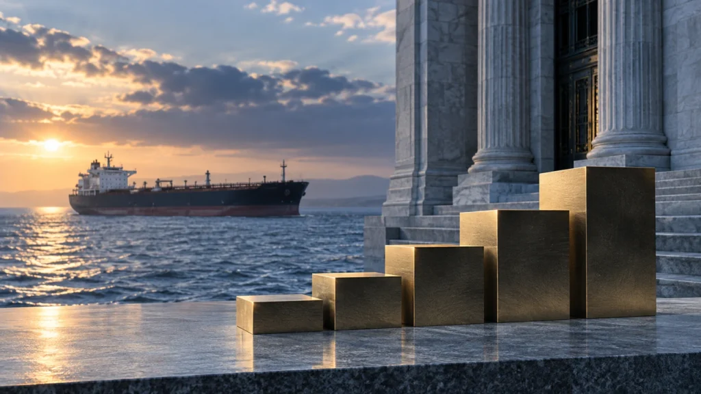 Naftos tanklaivis prie kranto, anoniminio centrinio banko kolonos ir aukso spalvos pakopos, simbolizuojančios palūkanų spaudimą.
