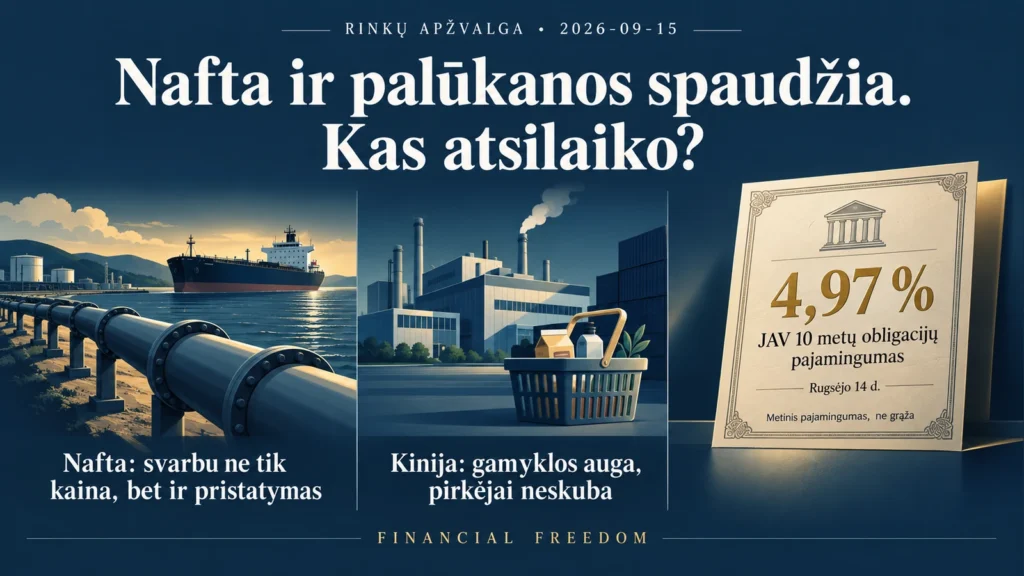 Naftotiekis, gamykla, pirkinių krepšelis ir obligacijos iliustruoja tiekimo, vartojimo bei palūkanų ryšį.