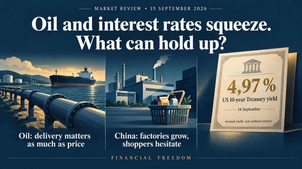 An oil tanker, a factory and shopping basket, and a US Treasury certificate illustrate oil supply and borrowing pressures.