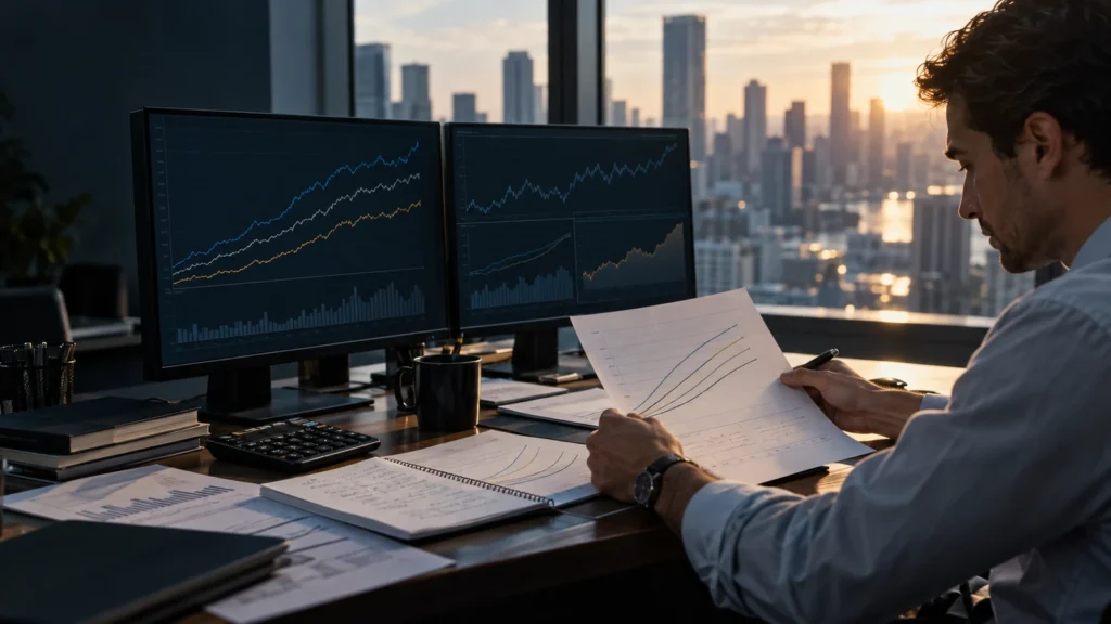 Finansų analitikas prie obligacijų ir palūkanų grafikų vertina skirtingas JAV, Japonijos ir Europos rinkų kryptis.