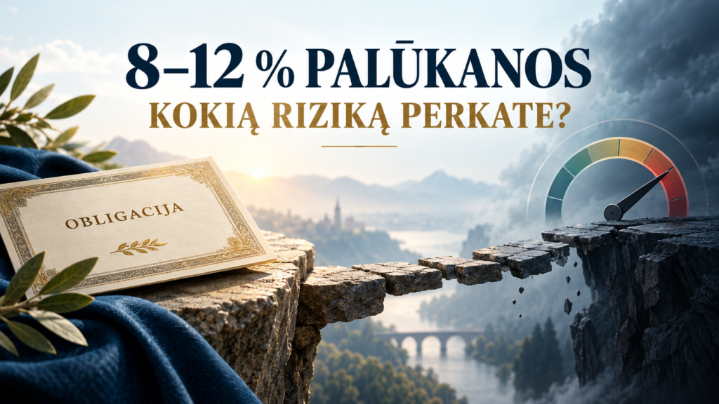 Iliustracija apie 8–12 % obligacijų palūkanas ir su jomis susijusią riziką: obligacija, nutrūkęs tiltas ir rizikos matuoklis.