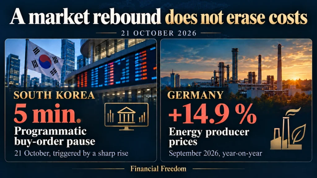 South Korean exchange and German industry: a five-minute order pause and September energy producer-price growth.