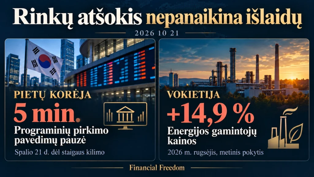 Pietų Korėjos biržos ir Vokietijos pramonės iliustracija: penkių minučių pavedimų pauzė ir rugsėjo energijos kainų augimas.