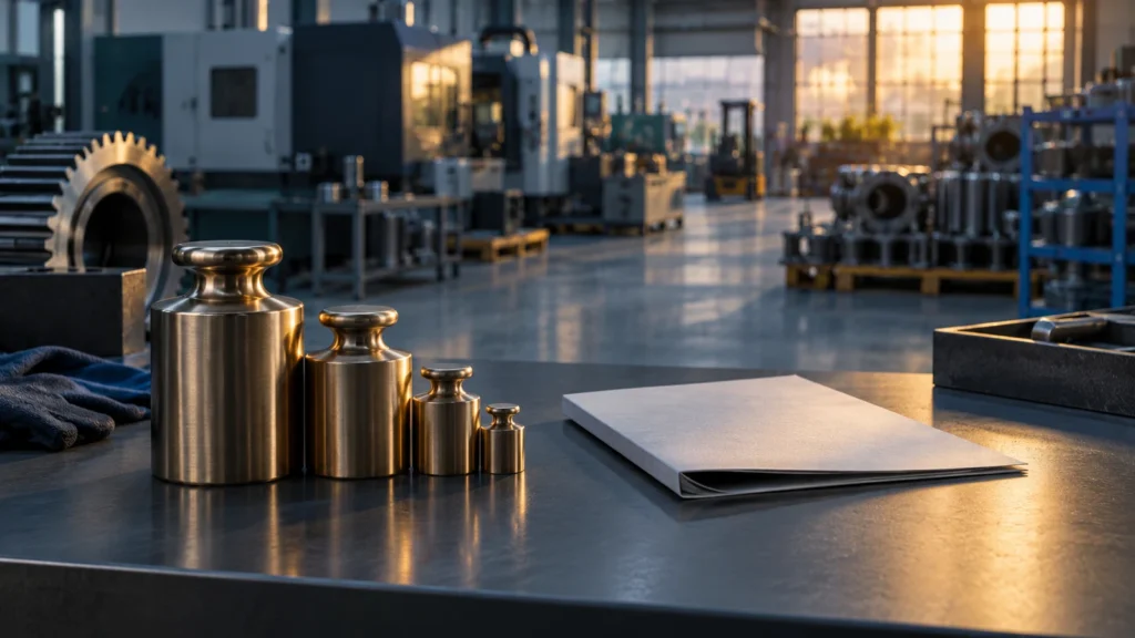 Metaliniai svareliai ir dokumentai gamyklos cecho fone simbolizuoja finansavimo išlaidas bei pramonės užsakymus.