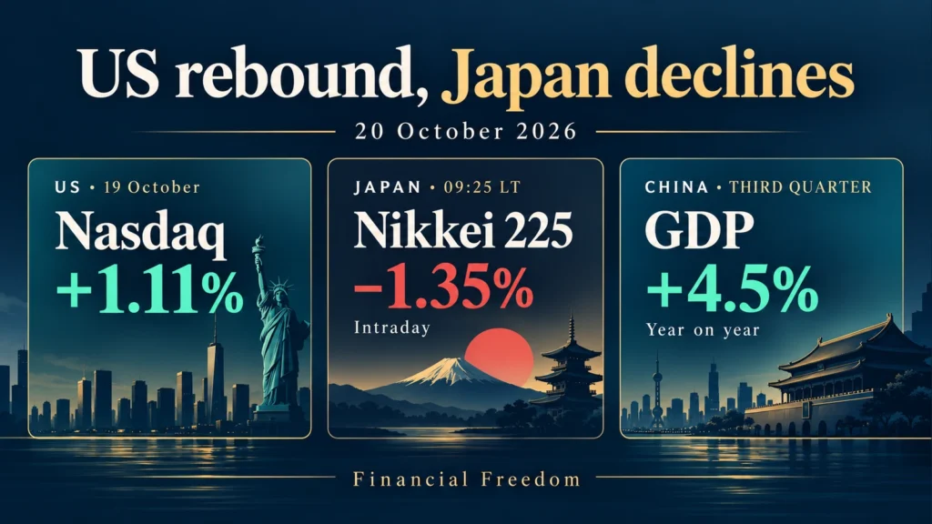 US, Japanese and Chinese market comparison: a Nasdaq rebound, an intraday Nikkei decline and Chinese economic growth.
