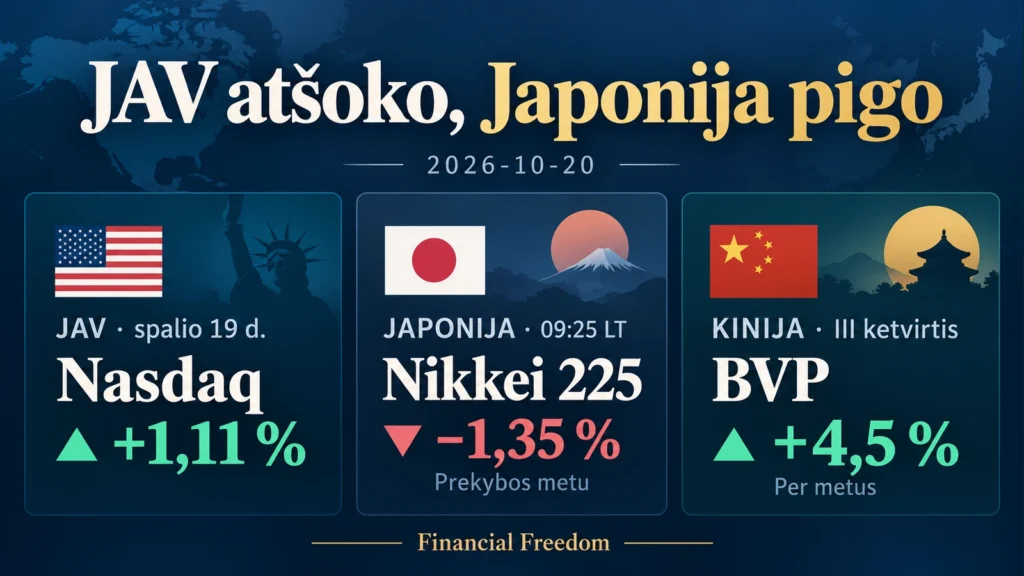 JAV, Japonijos ir Kinijos rinkų palyginimas: Nasdaq atšokimas, Nikkei kritimas prekybos metu ir Kinijos ekonomikos augimas.